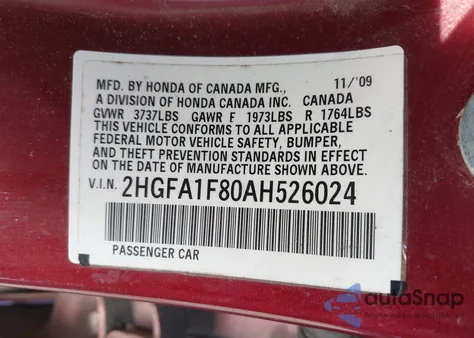 2010 Honda Civic Ex z USA, uszkodzony, nr VIN 2HGFA1F80AH526024